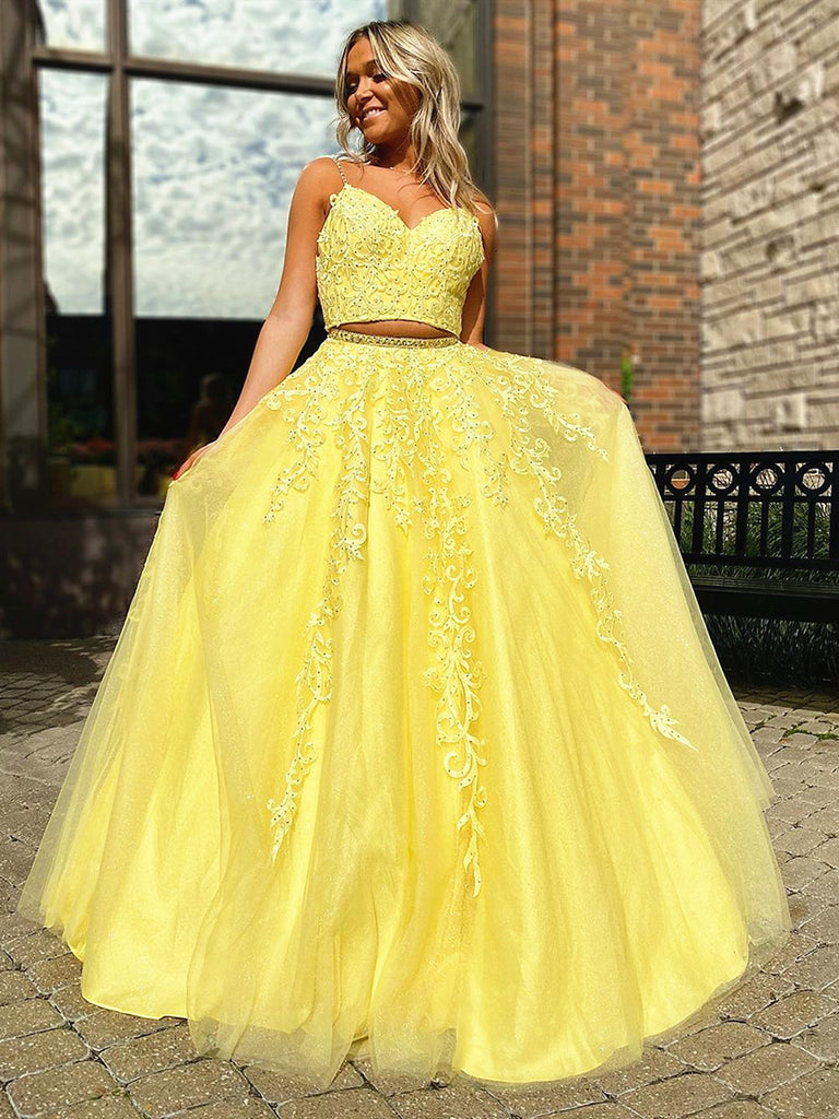 A Line V Neck 2 Pieces Yellow Lace Prom ...